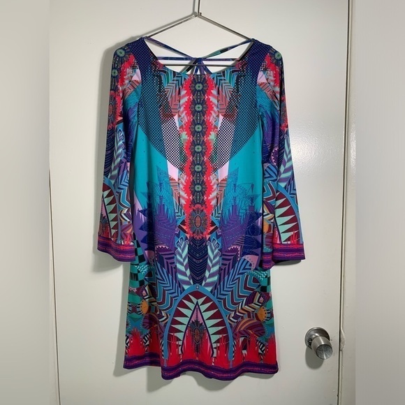 Hale Bob Bell sleeve multicolor, illuminati mini dress. XS - Picture 3 of 9